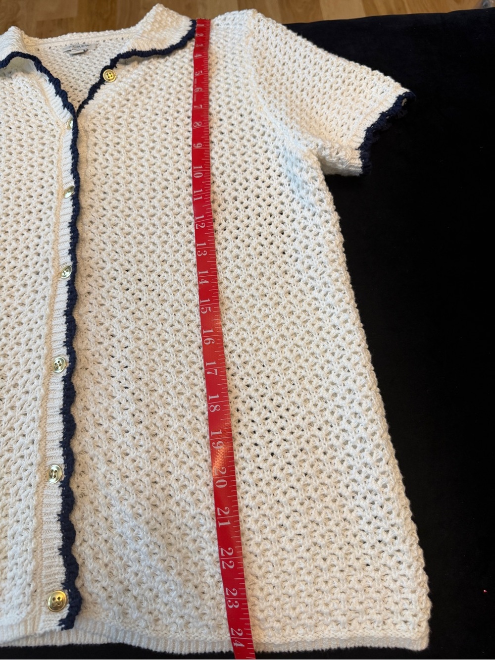 J. Crew Cream Short-Sleeve Knit Cardigan with Navy Trim and Gold Buttons - Picture 5 of 5